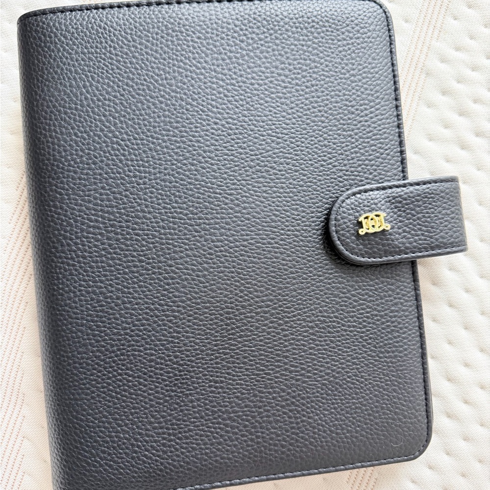 Day Designer A5 Black Vegan Leather Planner with Gold Logo and Rings